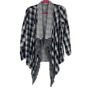 Umgee Womens M Black White Plaid Fringe Roll Tab Sleeve Drape Front Cardigan